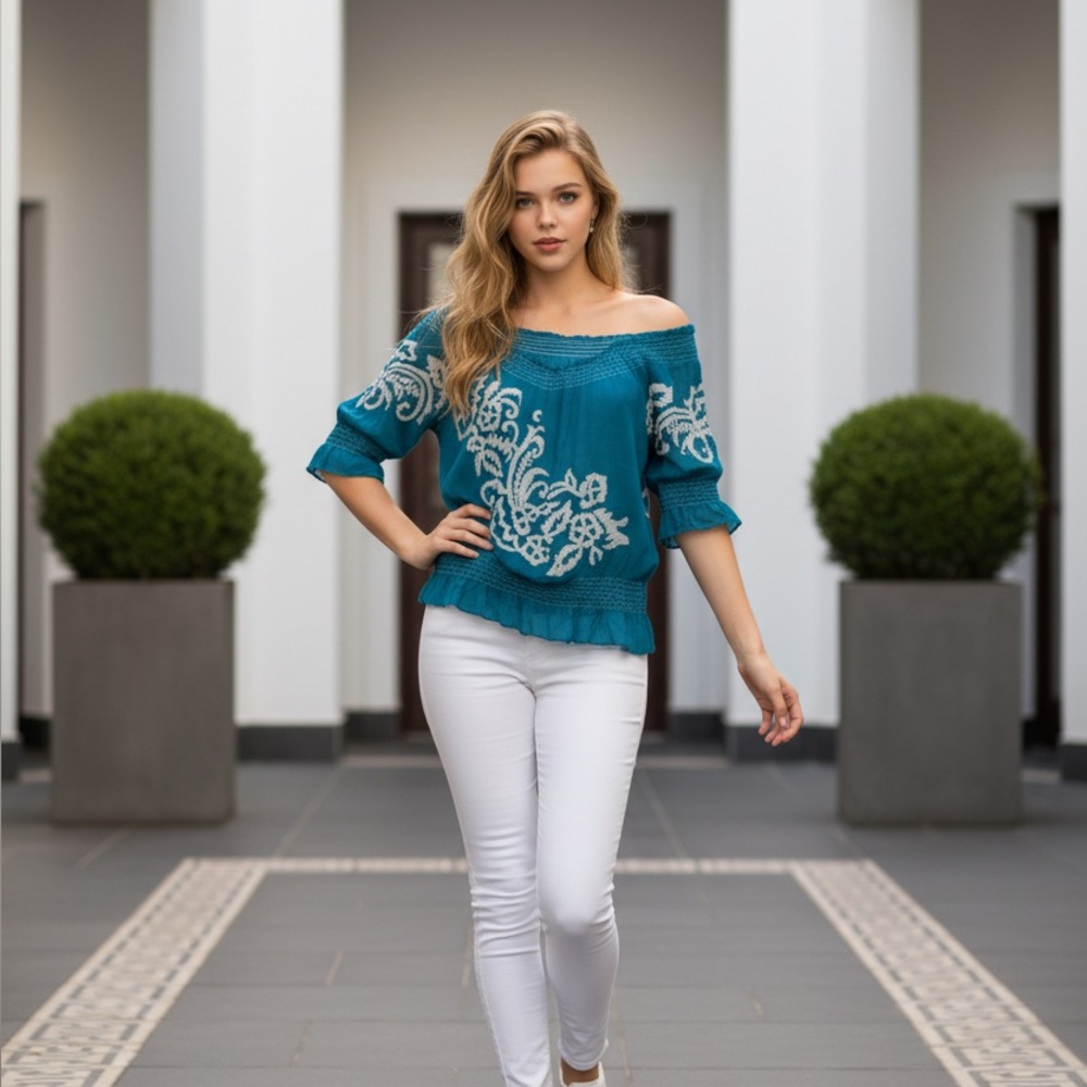 CACHE Sheer Blue Beaded Top Blouse Size Medium